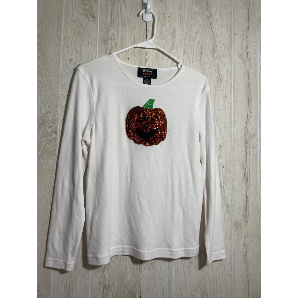 studio treat white Top w Shiny Jack-O-Lantern*Size med*Sequins*Halloween*3/4slev